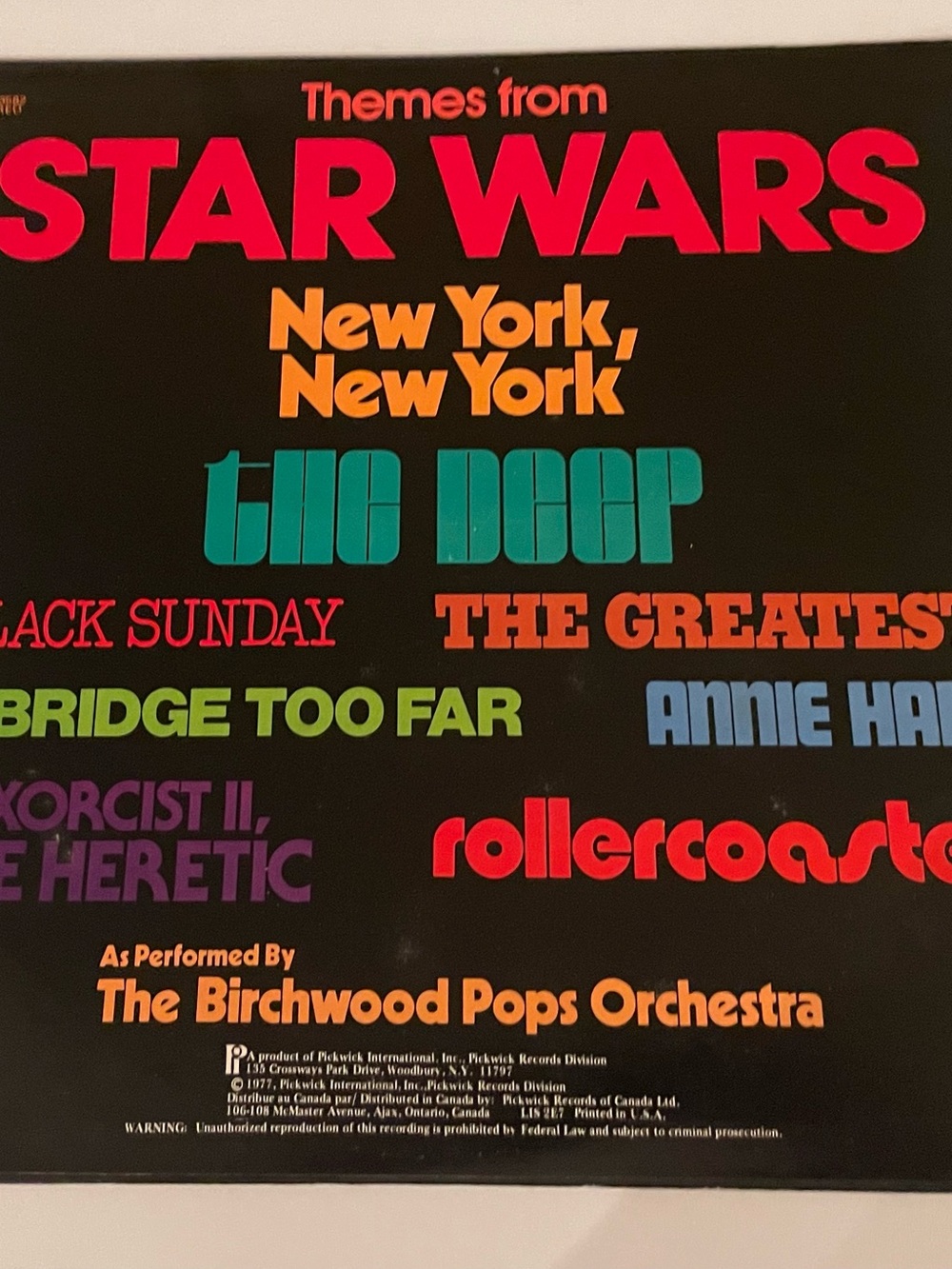 Vintage 1977 Star Wars & Other Movie Themes Vinyl LP, Birchwood Pops Orchestra